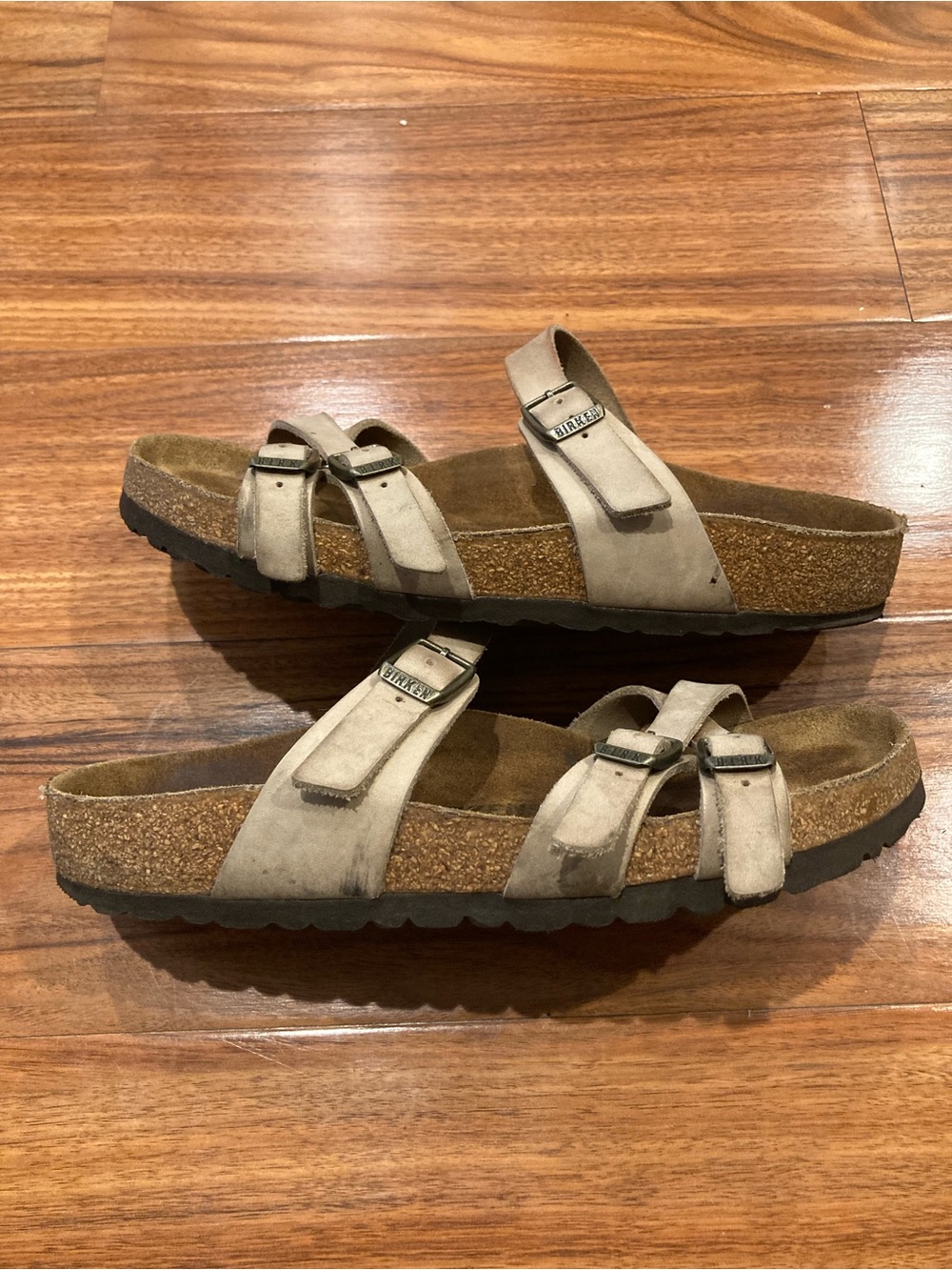Birkenstock Taupe Suede Slide Sandals  Women 38/US 7.5 Tan Leather Buckle